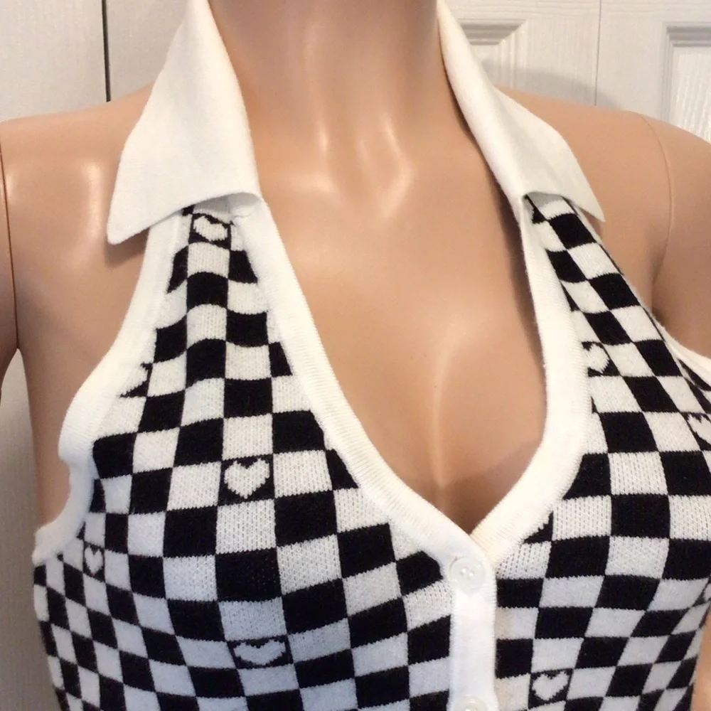 Witty Fox Womens Black/White Checked Sleeveless Halter Cropped Sweater Size Med